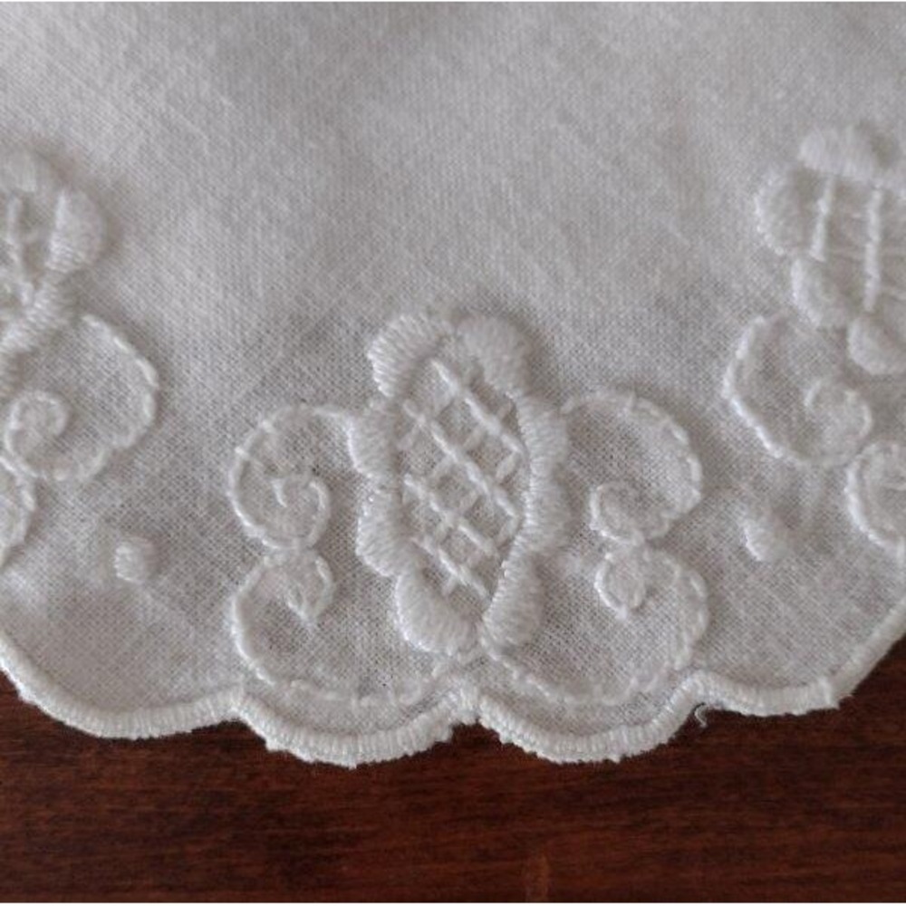 2 Vintage Pure Linen Center Doilies Hand Embroidery Deco Swirls Set Ivory